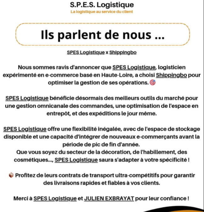 SPES logistique adopte l’outil WMS de Shipping Bo pour la gestion de son entrepôt et l’outil TMS de Shipping Bo pour la gestion des transports.